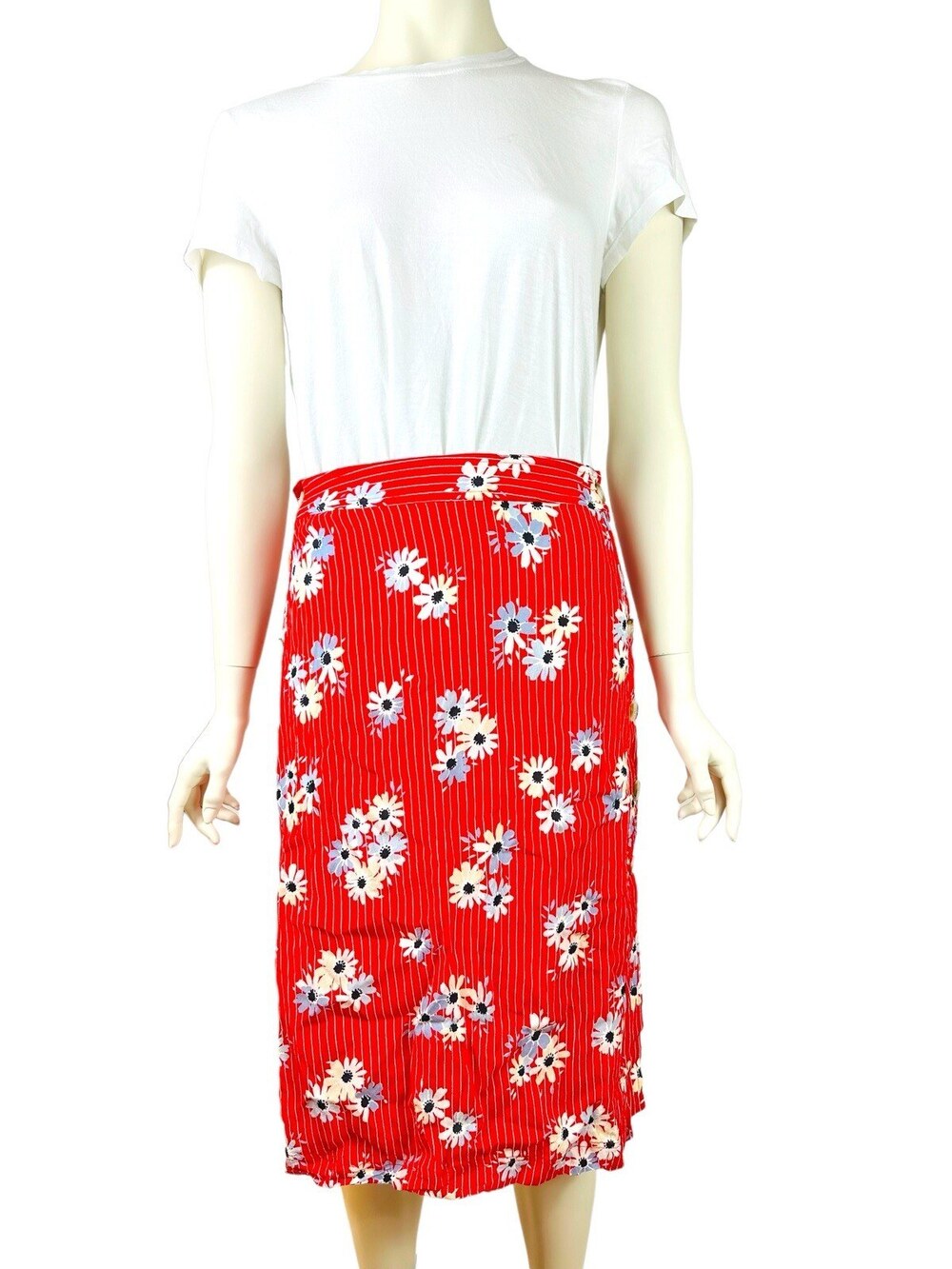 Madewell Midi Skirt Women's 0 Side Button Red Floral Stripe Daisy Society